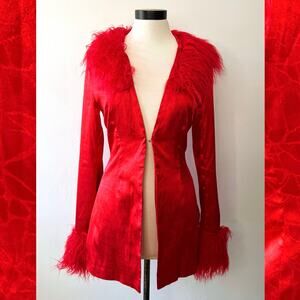 Y2K Dolls Kill Elsie & Fred Marla Groovy Satin + Fur Fuzzy Festival Coat Jacket